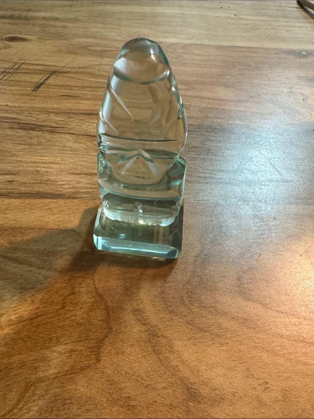 Vintage Inca Mayan hand-carved blue-green art glass figurine